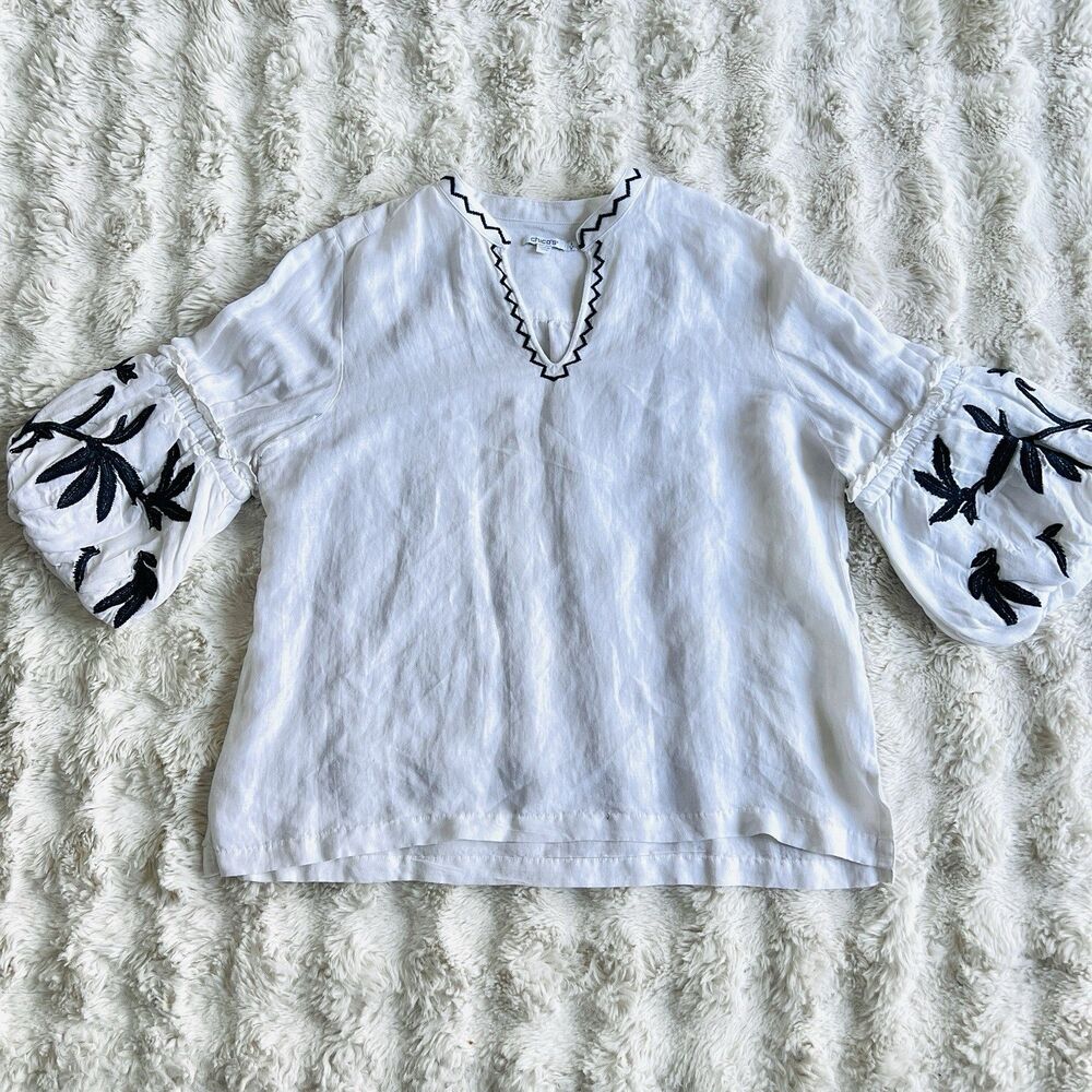 Chico's White & Blue Linen Blend Floral Puff Sleeve Boho Lagenlook Blouse Sz 16 - Picture 2 of 10